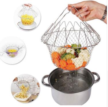 Deep Fry Basket Stainless Steel Mulleti-function Foldable Chef Cooking Basket Flexib Kitchen Tool for Fried Food Washing Fruits Vegetables