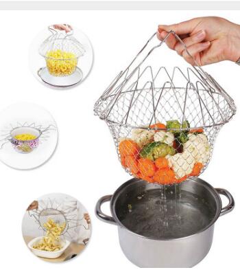 Deep Fry Basket Stainless Steel Mulleti-function Foldable Chef Cooking Basket Flexib Kitchen Tool for Fried Food Washing Fruits Vegetables