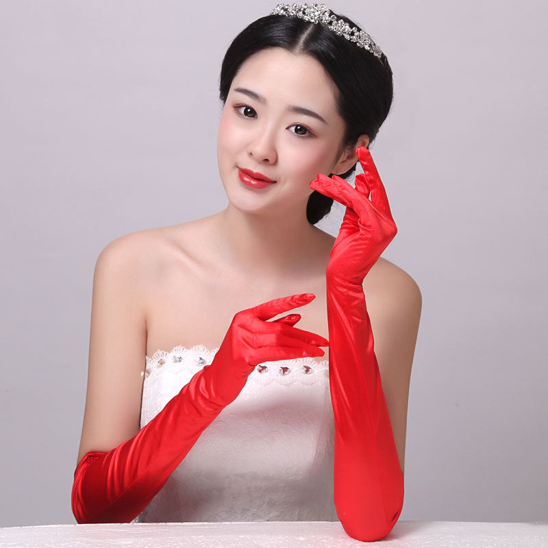 Double-row Beaded Satin Sun Protection Scar Cover Up Oversleeve Bridal Wedding Gloves