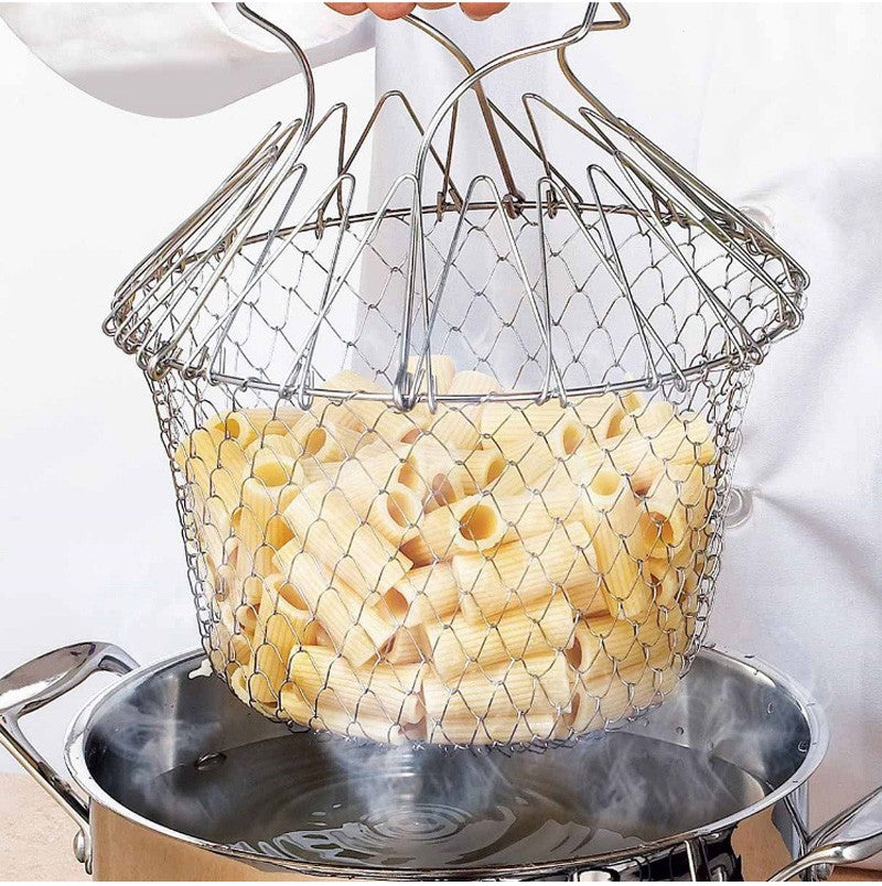 Deep Fry Basket Stainless Steel Mulleti-function Foldable Chef Cooking Basket Flexib Kitchen Tool for Fried Food Washing Fruits Vegetables