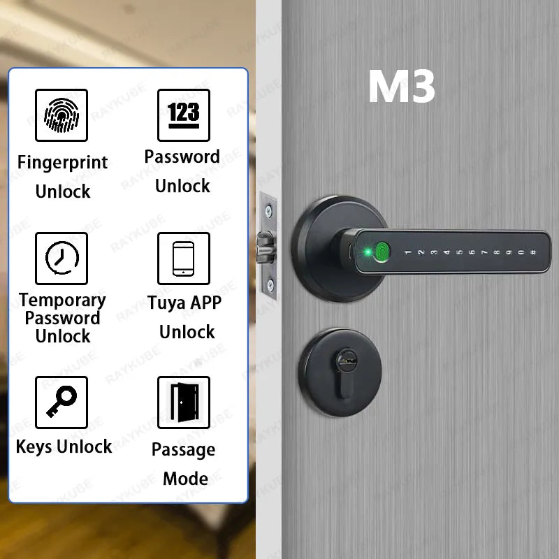 RAYKUBE M3 Tuya BLE Digital Fingerprint Door Lock Electronic Lock with 60/70mm Latch Keys Smartlife/Tuya APP Remote Unlock